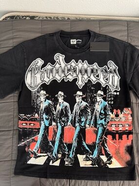 Godspeed Graphic Black Tee with Red and Teal Artwork - Men’s Short Sleeve Shirt